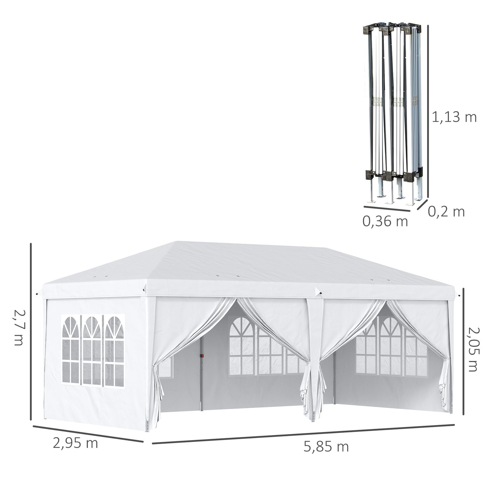 Tenda para festas 585x295x270 cm com paredes laterais amovíveis 2 portas com zíper 4 janelas e bolsa de transporte branco