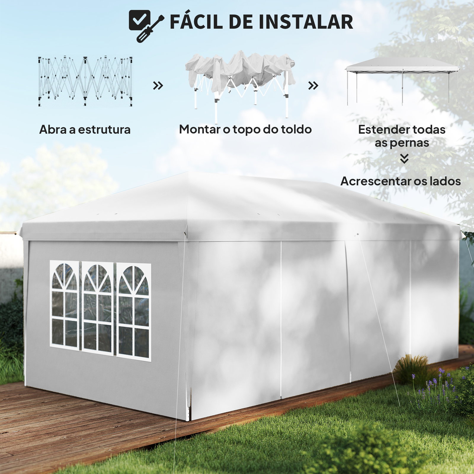 Tenda para festas 585x295x270 cm com paredes laterais amovíveis 2 portas com zíper 4 janelas e bolsa de transporte branco