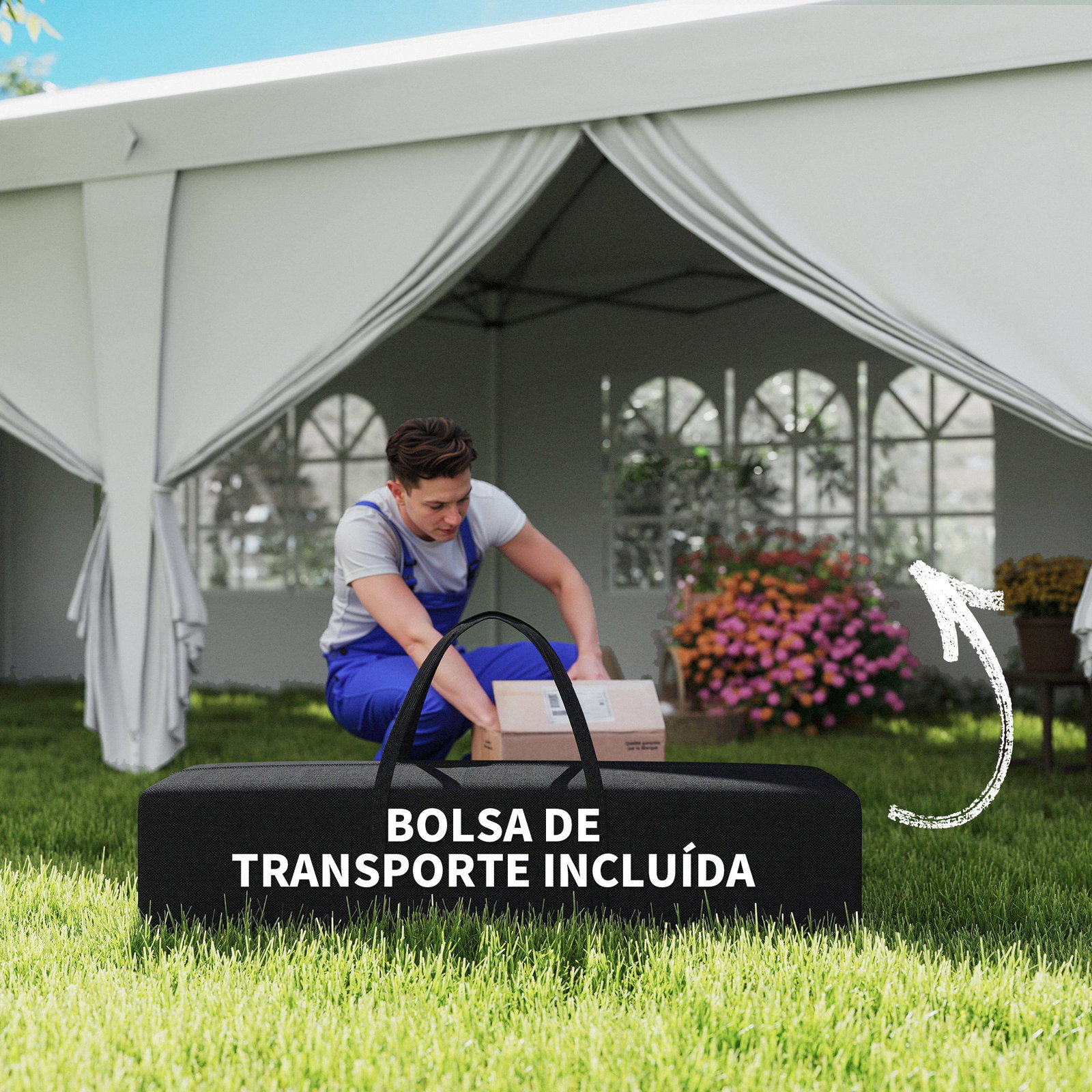 Tenda para festas 585x295x270 cm com paredes laterais amovíveis 2 portas com zíper 4 janelas e bolsa de transporte branco
