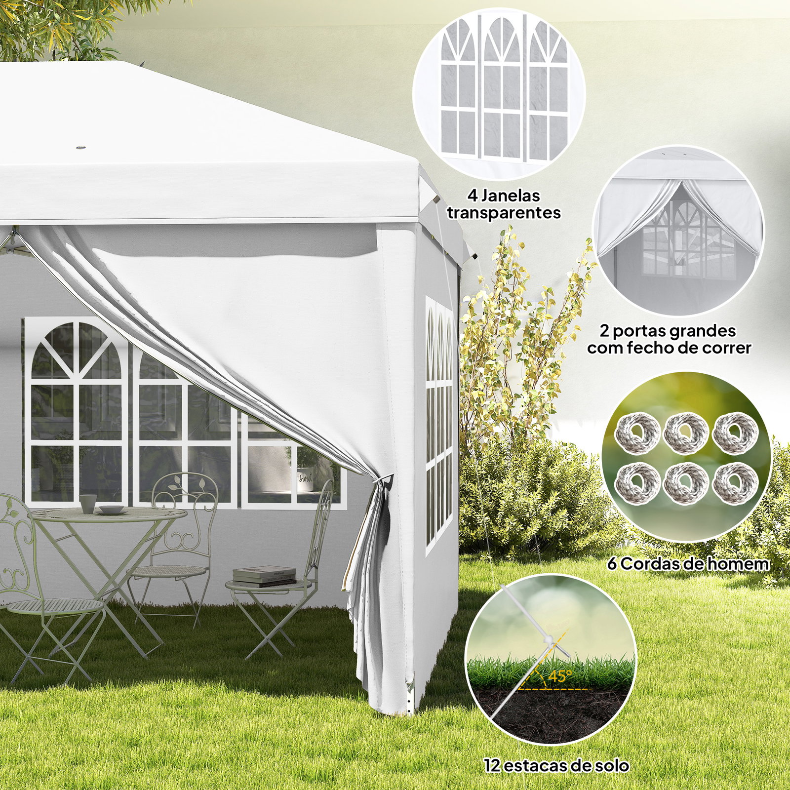 Tenda para festas 585x295x270 cm com paredes laterais amovíveis 2 portas com zíper 4 janelas e bolsa de transporte branco
