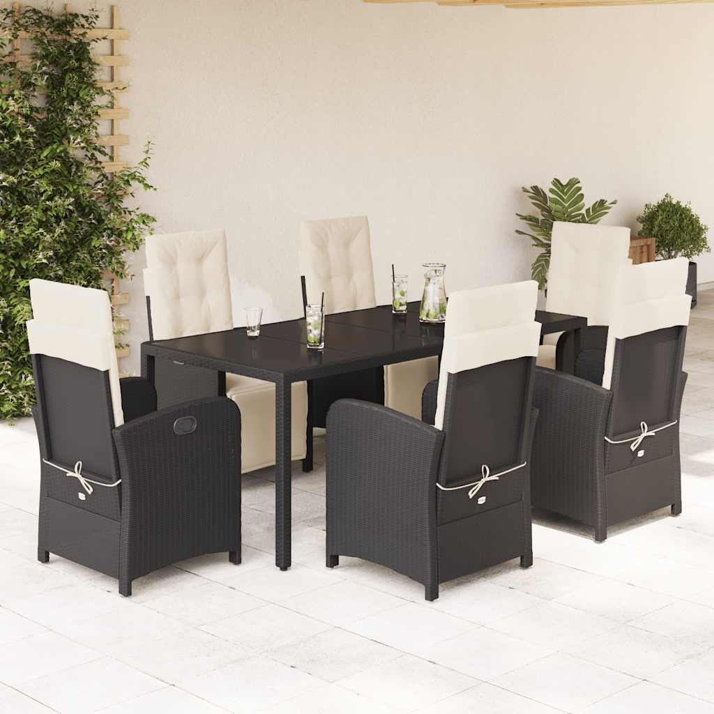 7 Pcs conjunto de jantar p/ jardim c/ almofadões vime PE preto