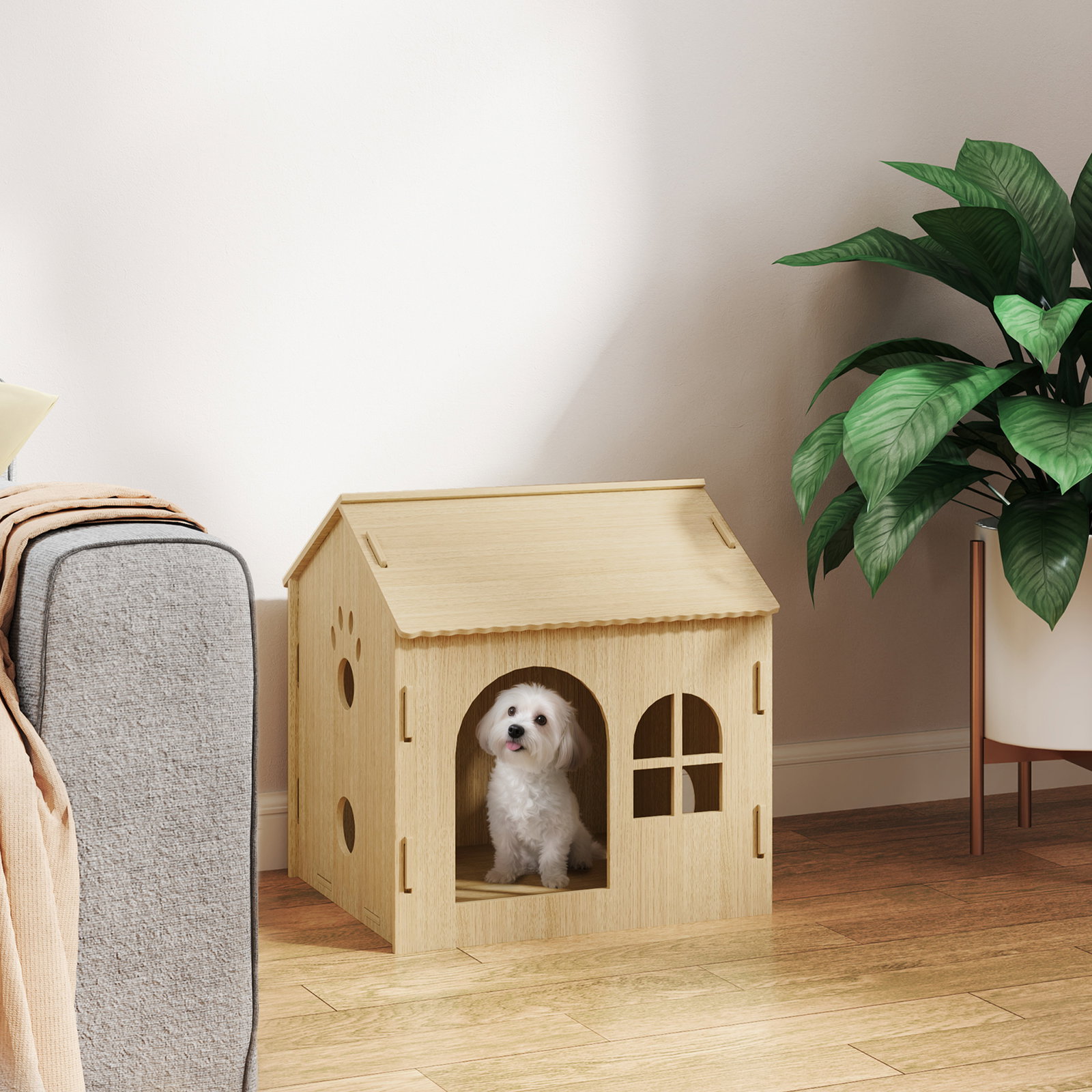 Casota para cães casa para cães com janelas desenho de patas ocas casa para cães e gatos 49,5x41x51 cm madeira