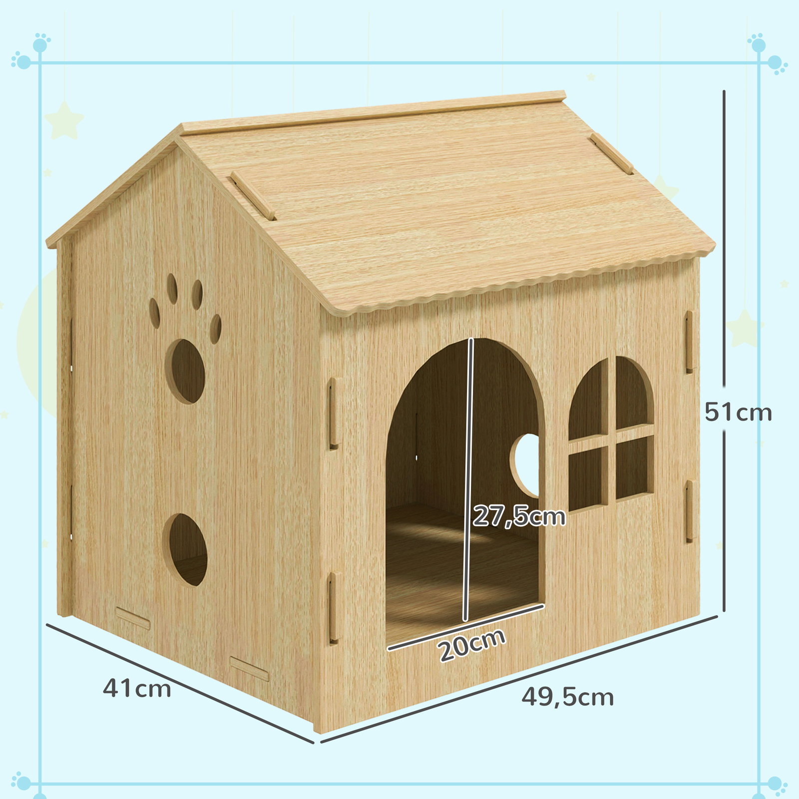 Casota para cães casa para cães com janelas desenho de patas ocas casa para cães e gatos 49,5x41x51 cm madeira