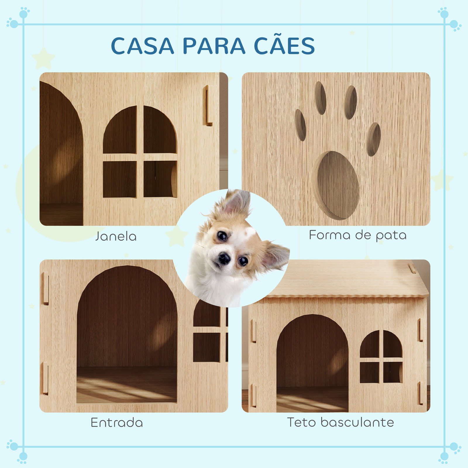 Casota para cães casa para cães com janelas desenho de patas ocas casa para cães e gatos 49,5x41x51 cm madeira