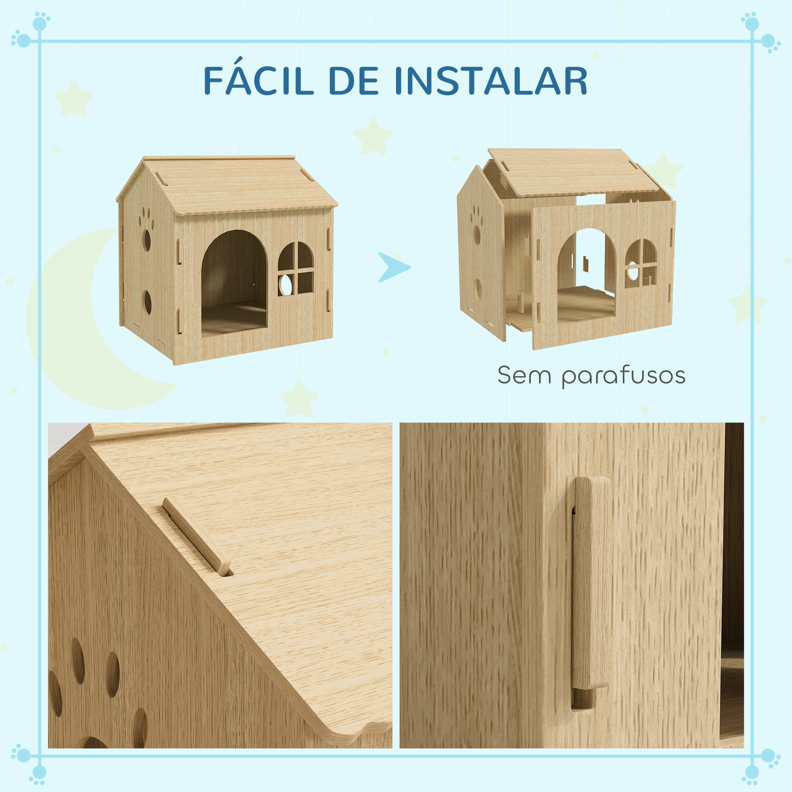 Casota para cães casa para cães com janelas desenho de patas ocas casa para cães e gatos 49,5x41x51 cm madeira