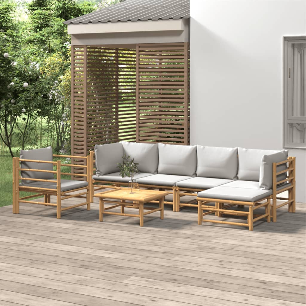 7 Pcs conj. lounge de jardim bambu c/ almofadões cinzento-claro