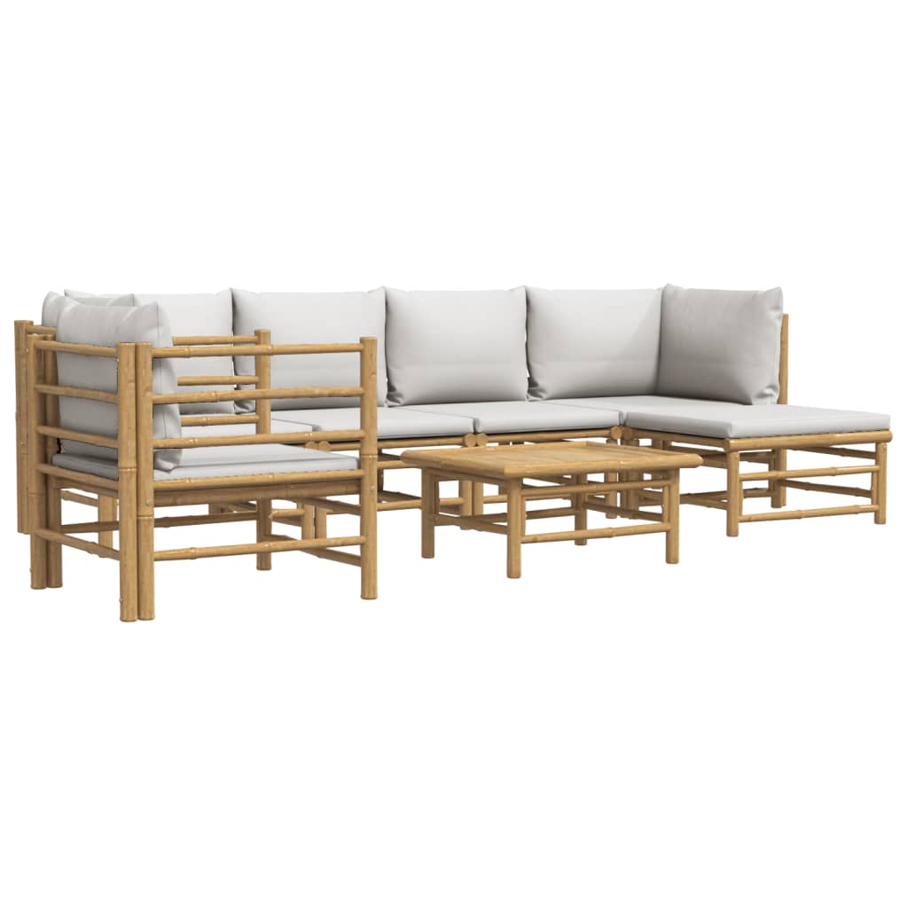 7 Pcs conj. lounge de jardim bambu c/ almofadões cinzento-claro