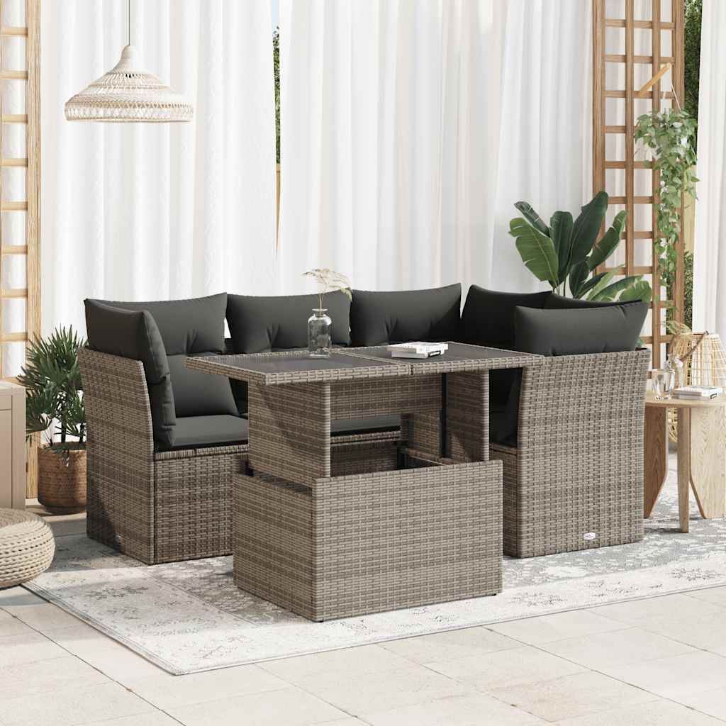5 Pcs conjunto sofás de jardim c/ almofadões vime PE cinzento