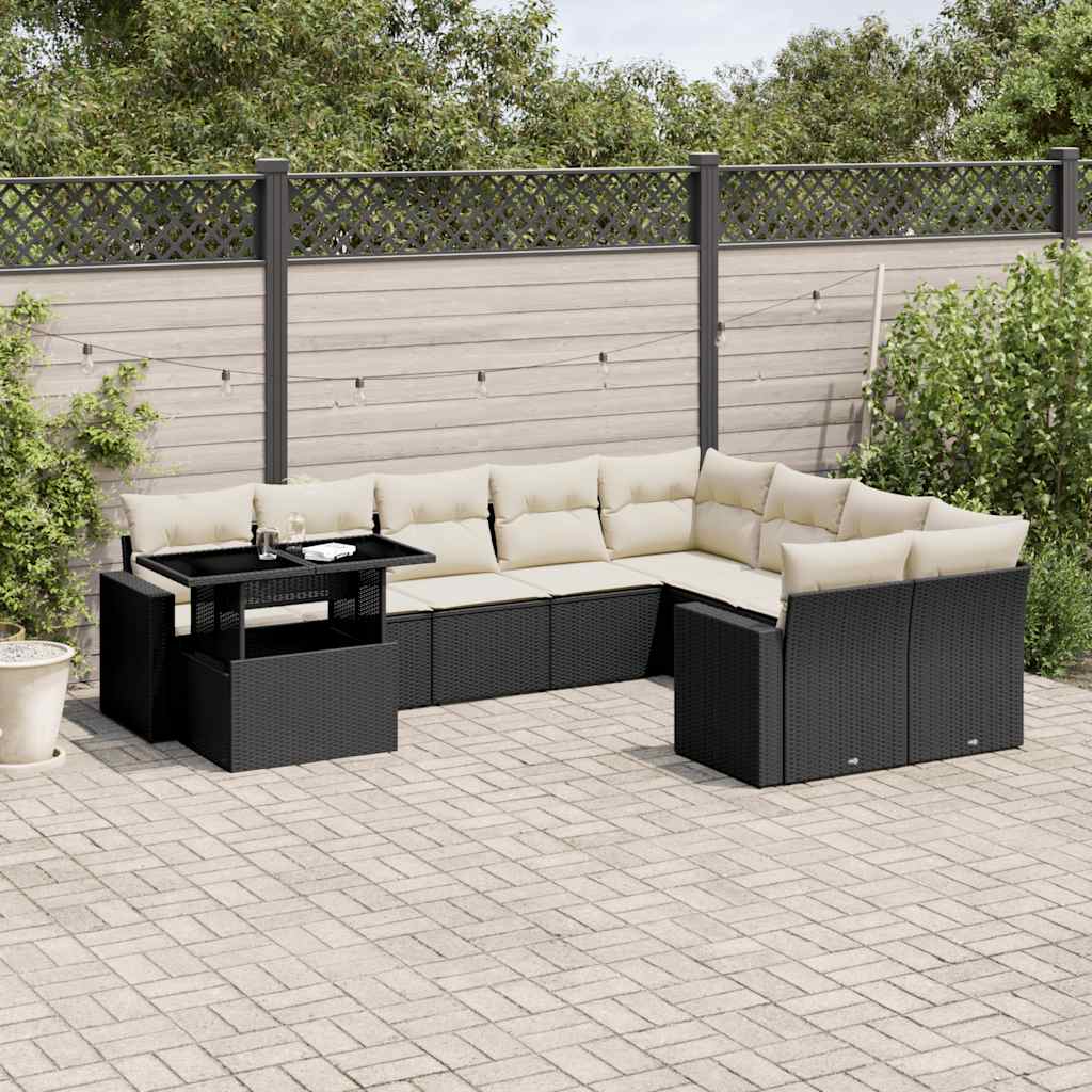 10 Pcs conjunto sofás de jardim c/ almofadões vime PE preto