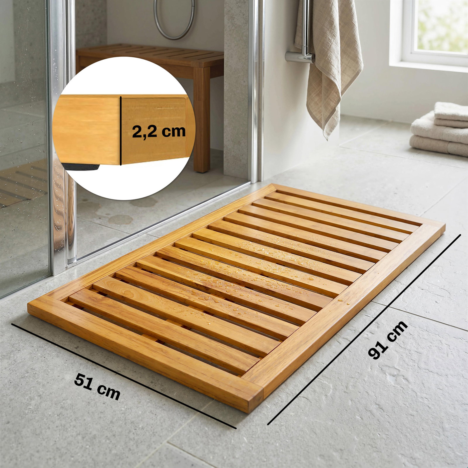 Tapete de banho em madera de acacia 91x51 cm tapete de duche antideslizante com ripas para drenagem madeira