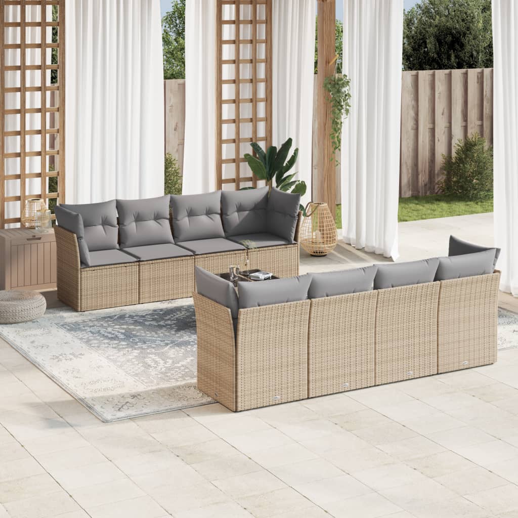 9 Pcs conjunto de sofás p/ jardim com almofadões vime PE bege