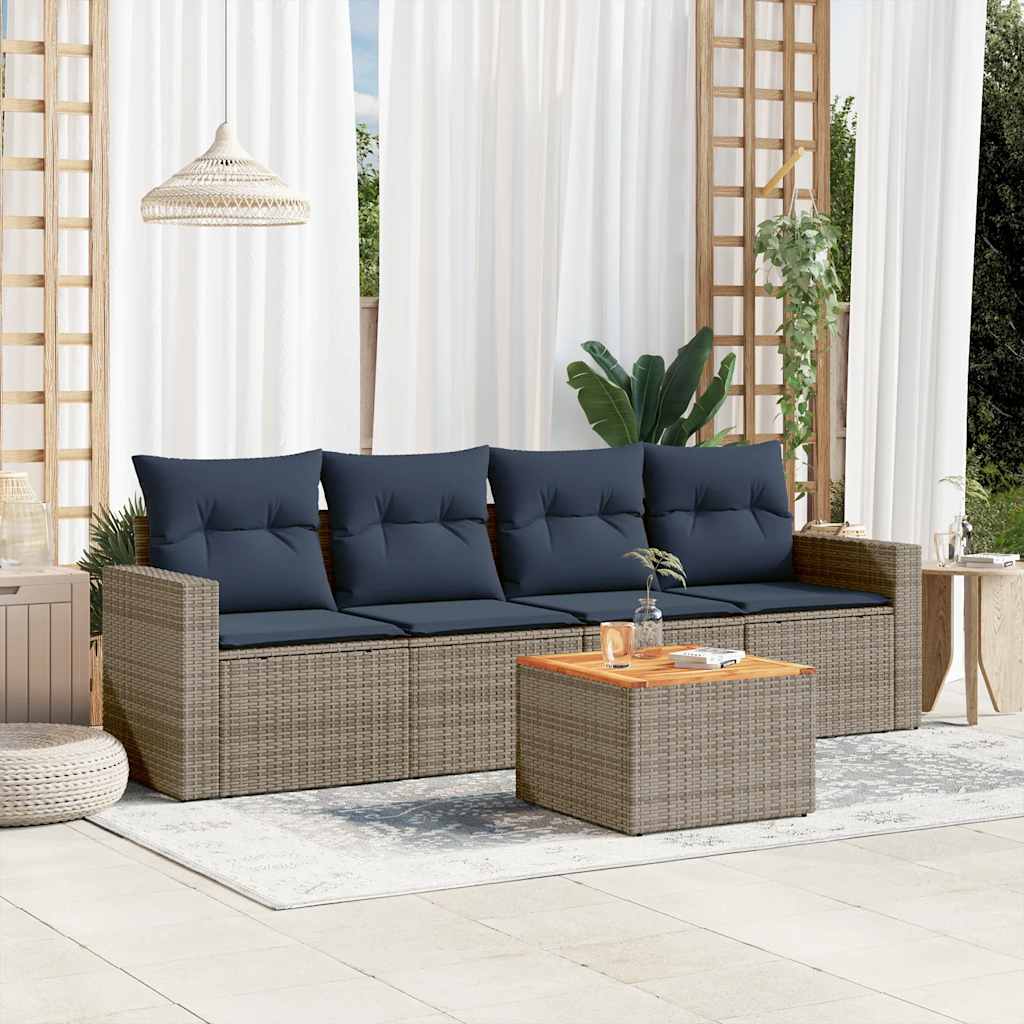 5 Pcs conjunto sofás p/ jardim c/ almofadões vime PE cinzento