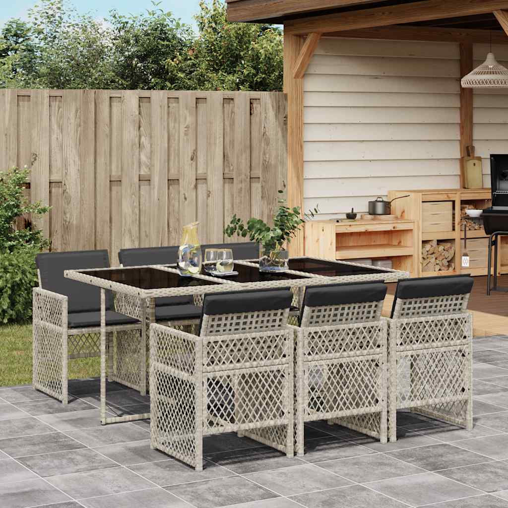7 Pcs conj. jantar p/ jardim c/ almofadões vime PE cinza-claro