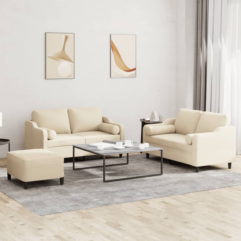 3 Pcs conjunto de sofás com almofadas tecido cor creme