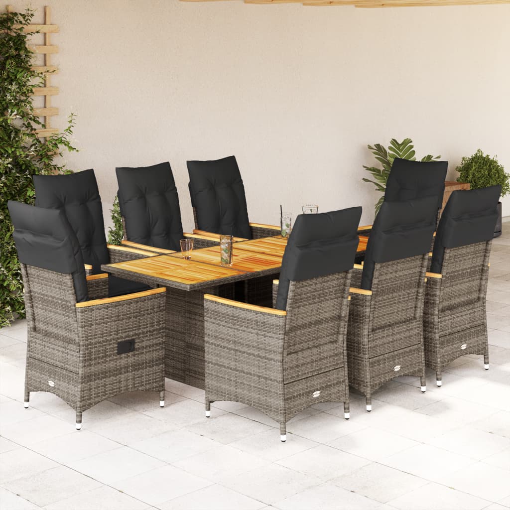 9 Pcs conjunto de jantar p/ jardim c/ almofadões vime PE cinza