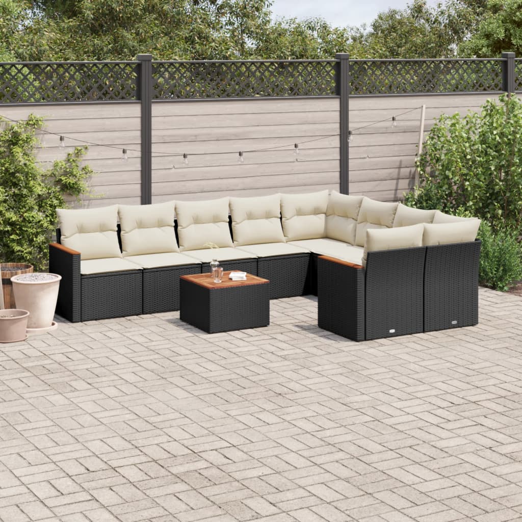 10 Pcs conjunto sofás de jardim c/ almofadões vime PE preto