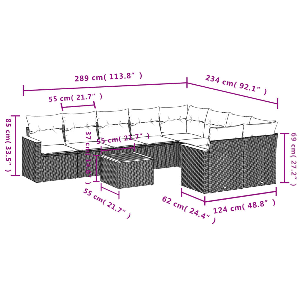 10 Pcs conjunto sofás de jardim c/ almofadões vime PE preto