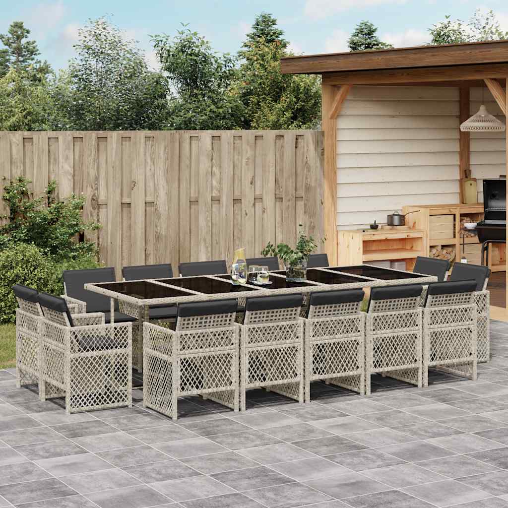 15 Pcs conj. jantar jardim c/ almofadões vime PE cinzento-claro