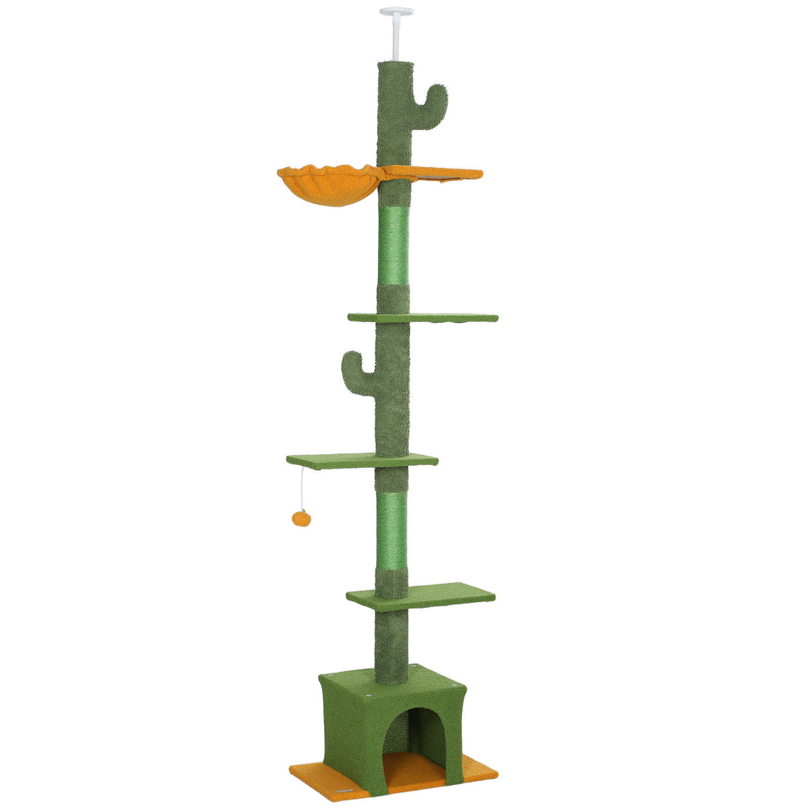 Arranhador para gatos de chão a teto de 230-275 cm com altura ajustável postes de sisal e bola de brincar verde