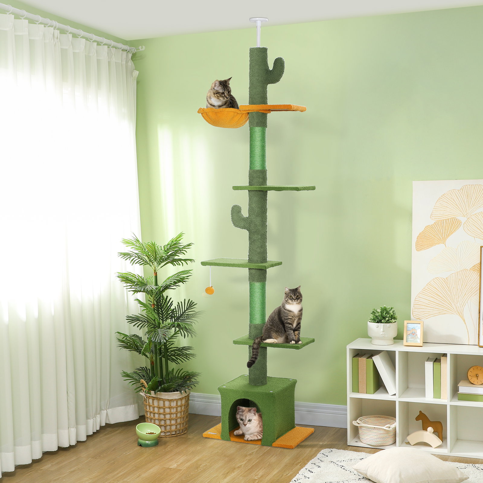 Arranhador para gatos de chão a teto de 230-275 cm com altura ajustável postes de sisal e bola de brincar verde