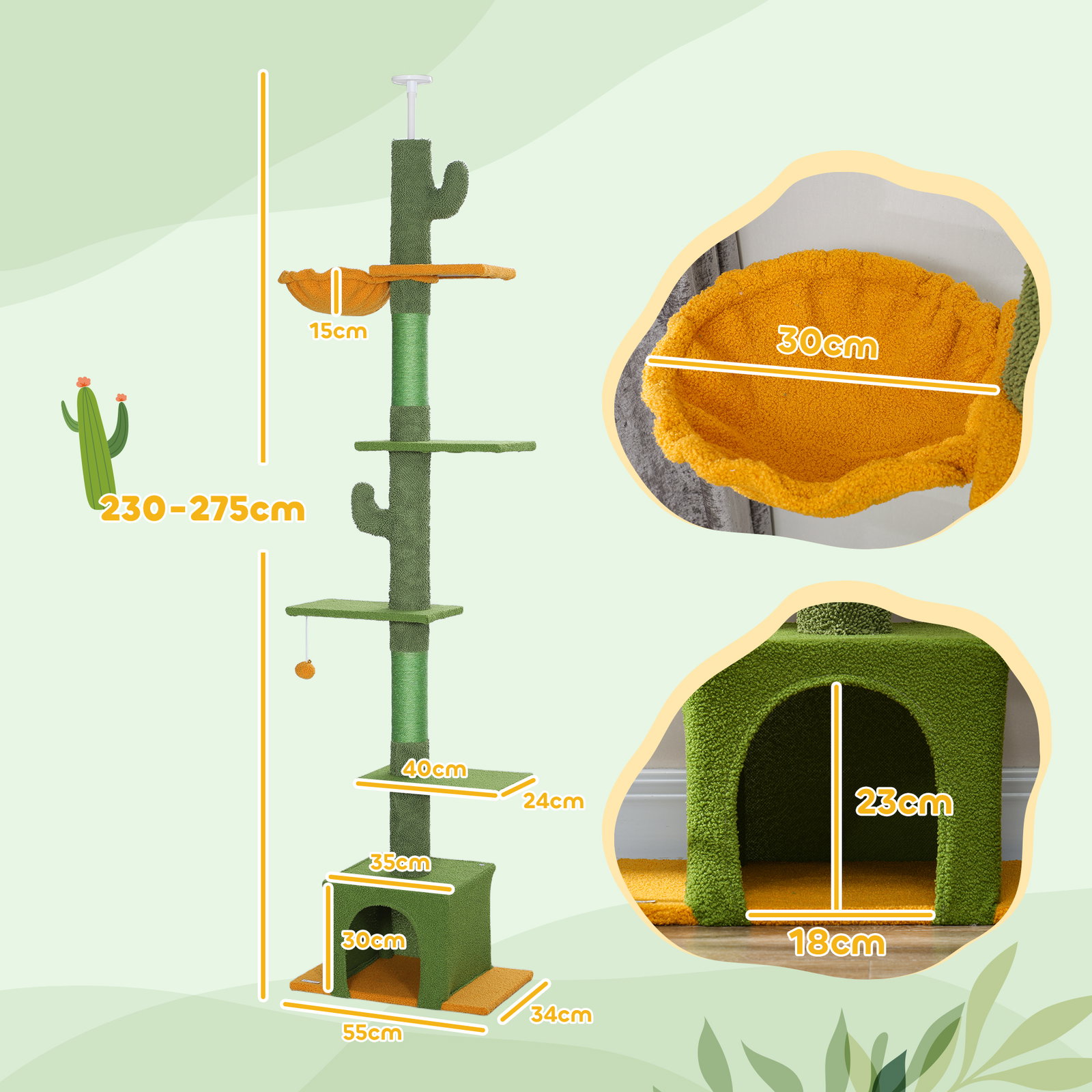 Arranhador para gatos de chão a teto de 230-275 cm com altura ajustável postes de sisal e bola de brincar verde