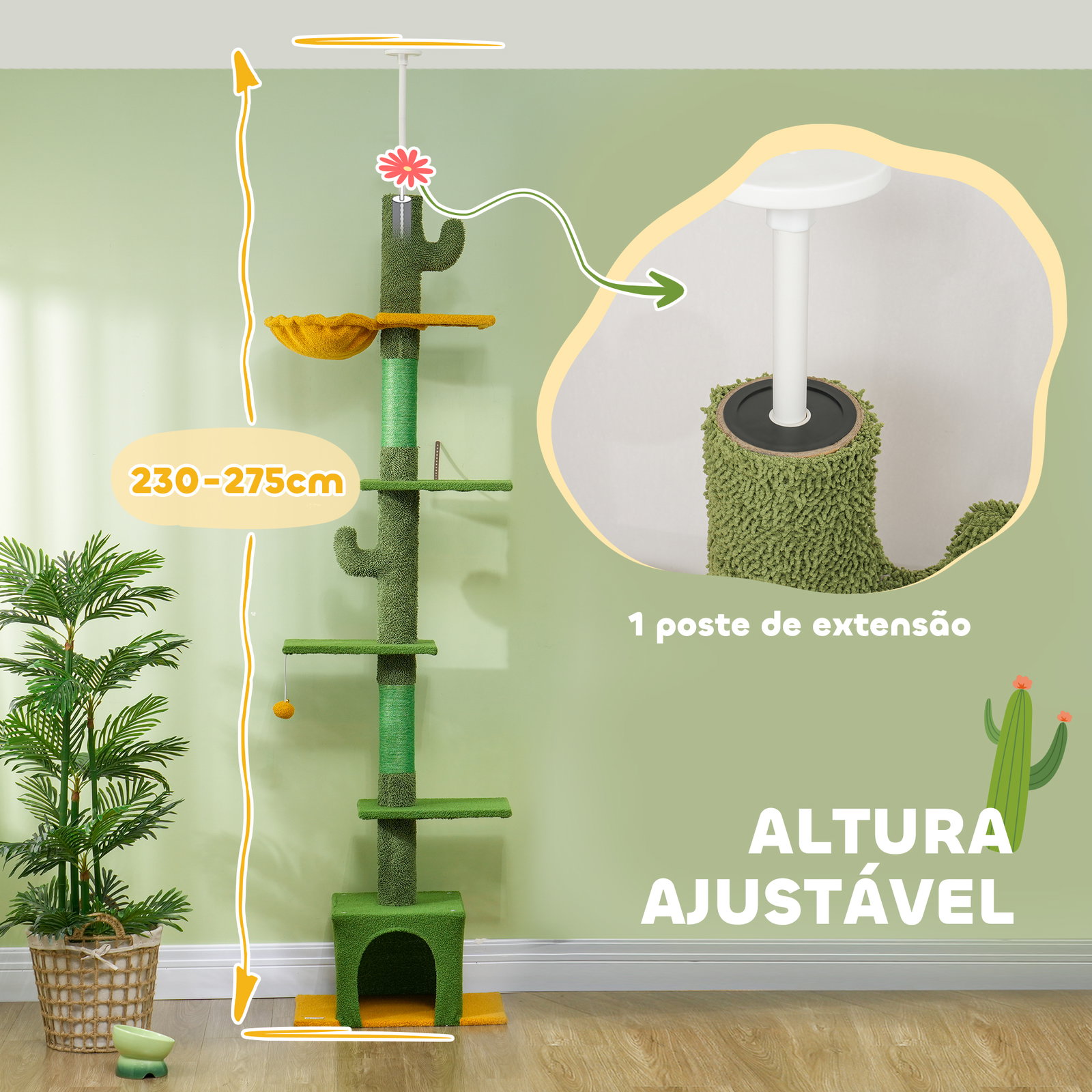 Arranhador para gatos de chão a teto de 230-275 cm com altura ajustável postes de sisal e bola de brincar verde