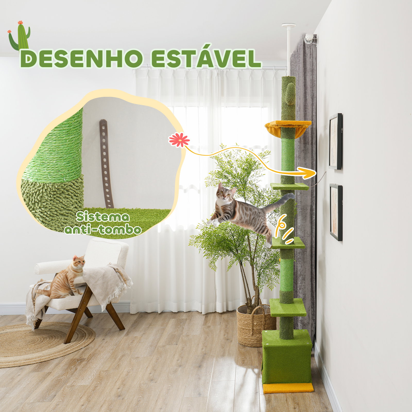 Arranhador para gatos de chão a teto de 230-275 cm com altura ajustável postes de sisal e bola de brincar verde