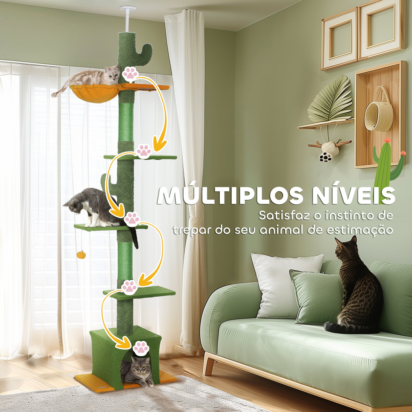 Arranhador para gatos de chão a teto de 230-275 cm com altura ajustável postes de sisal e bola de brincar verde