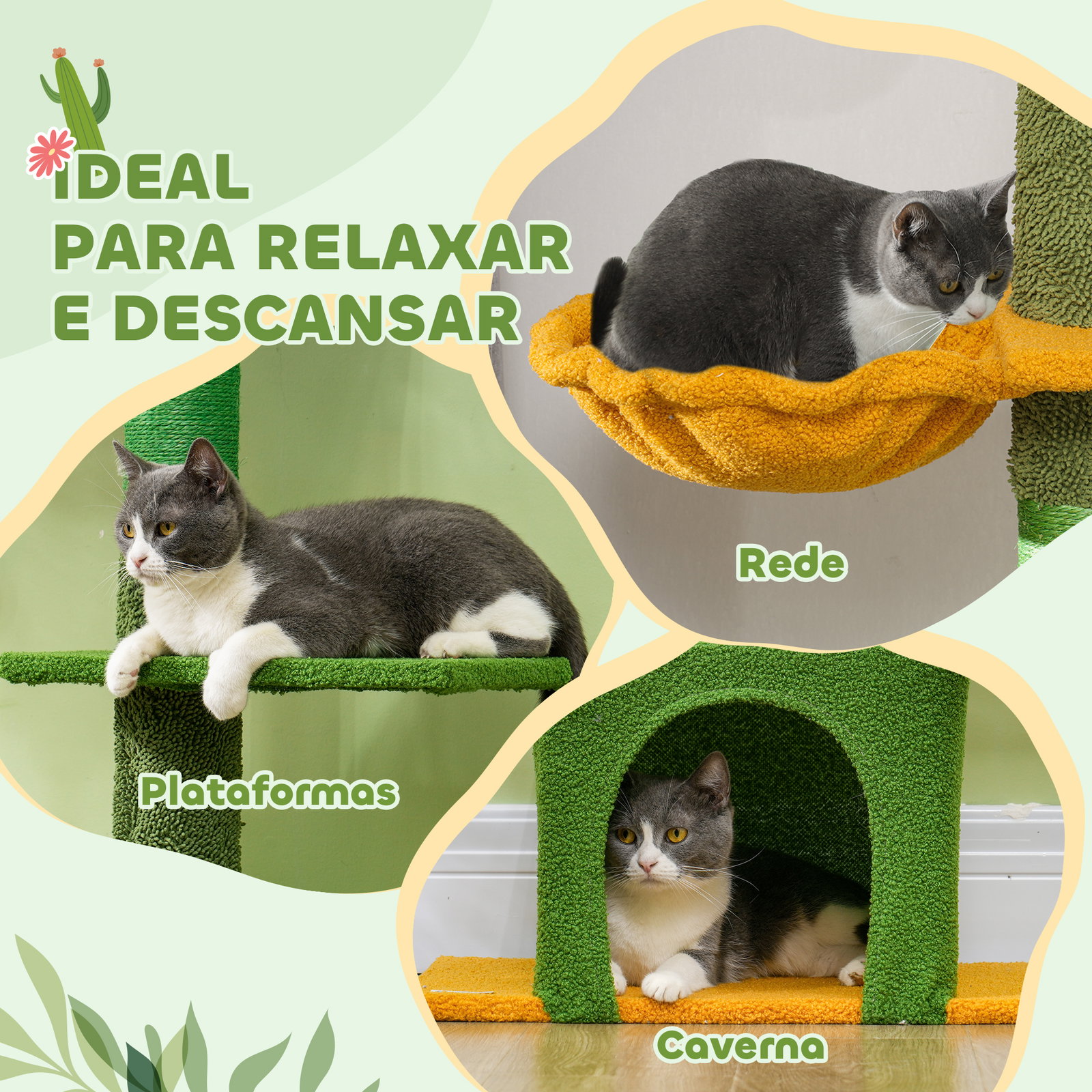 Arranhador para gatos de chão a teto de 230-275 cm com altura ajustável postes de sisal e bola de brincar verde