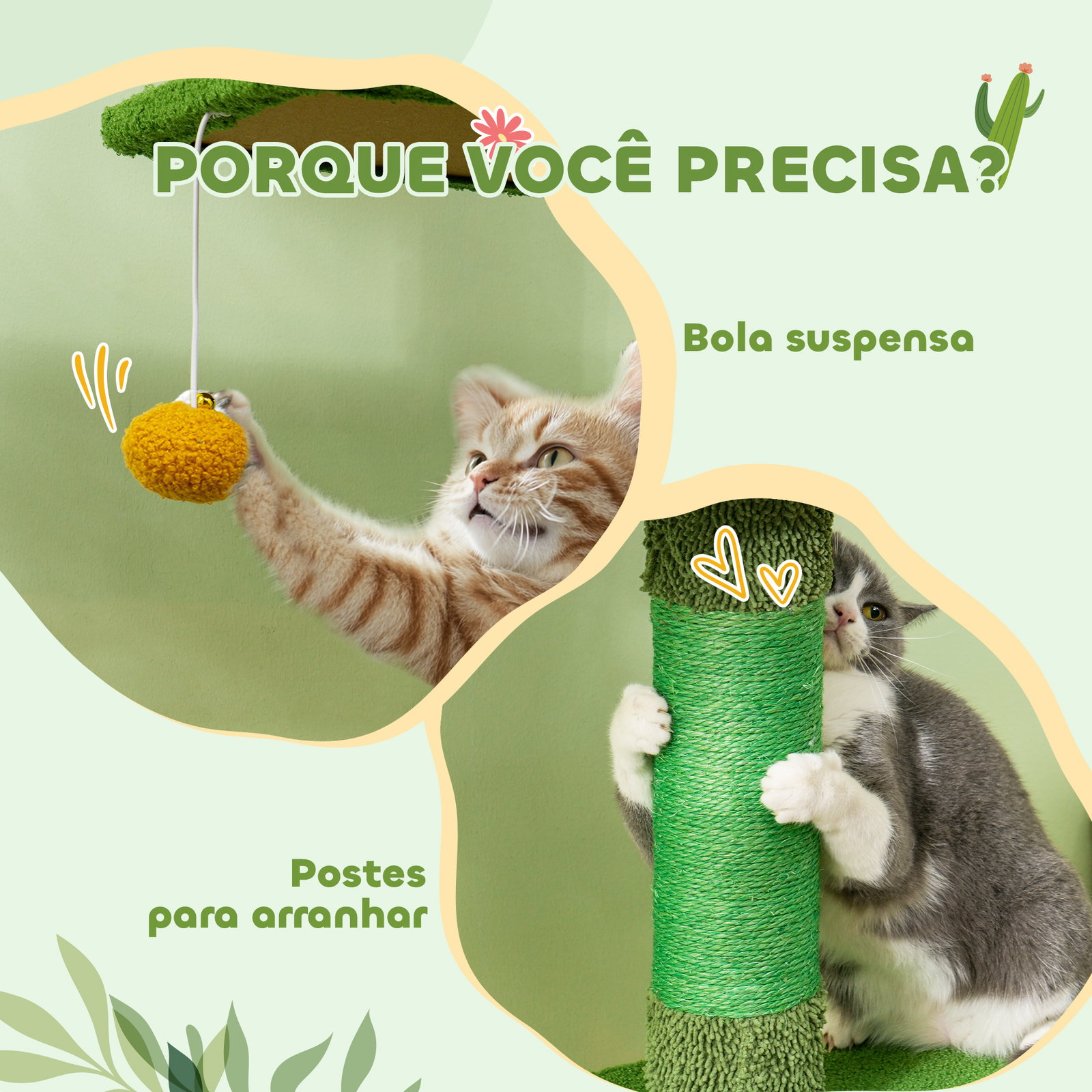 Arranhador para gatos de chão a teto de 230-275 cm com altura ajustável postes de sisal e bola de brincar verde