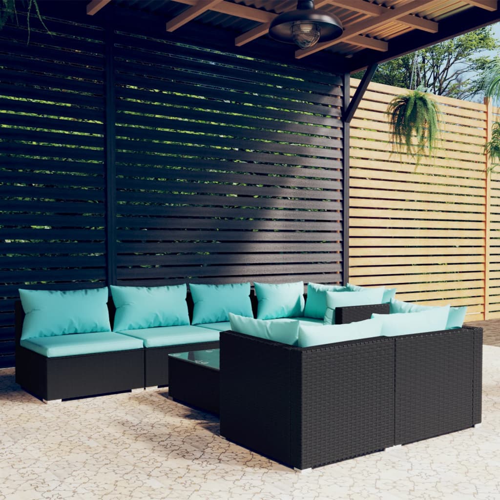 8 Pcs conjunto lounge de jardim c/ almofadões vime PE preto