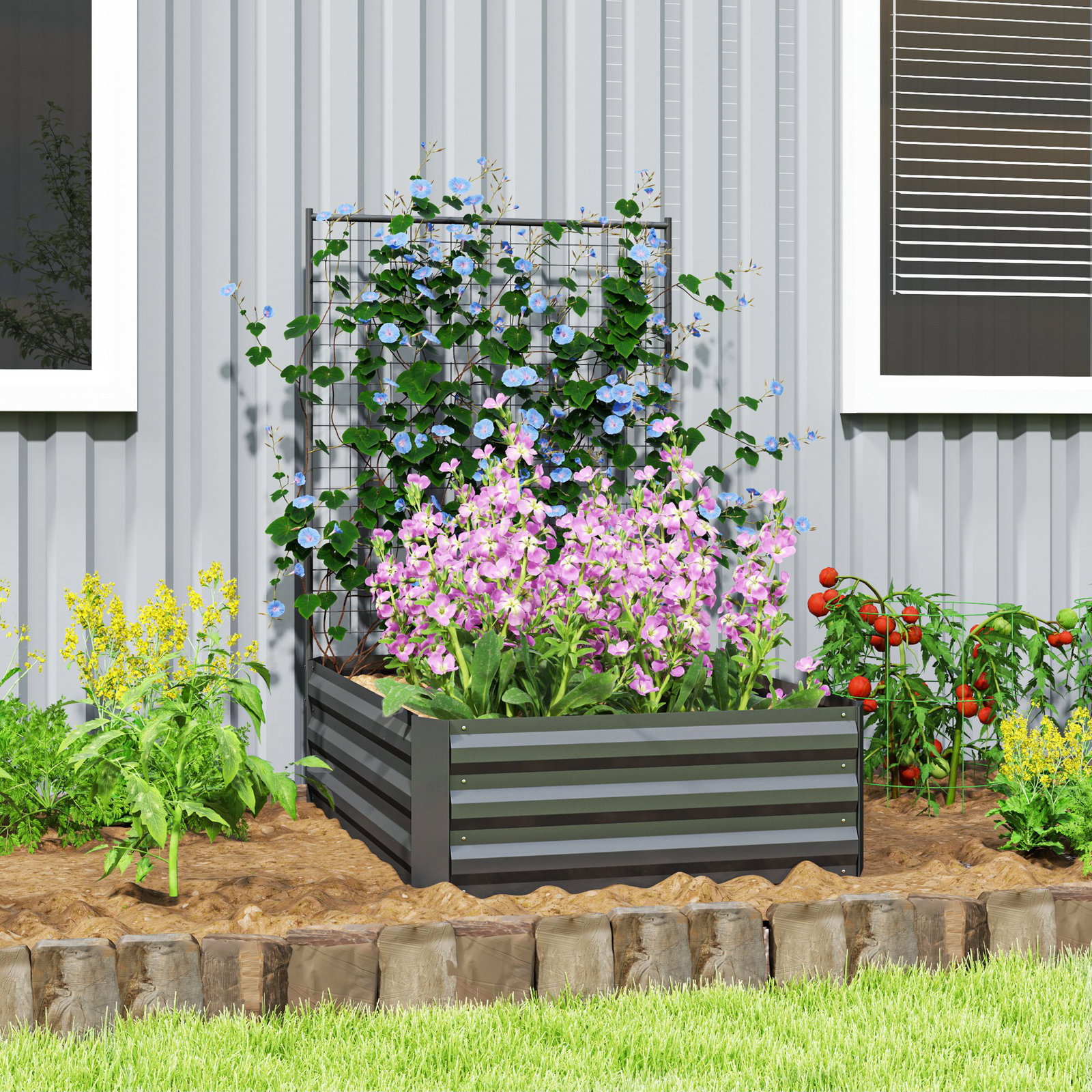 Caixa de plantio de aço galvanizado com treliça para plantas trepadeiras e fundo aberto 80x115x125 cm cinza escuro