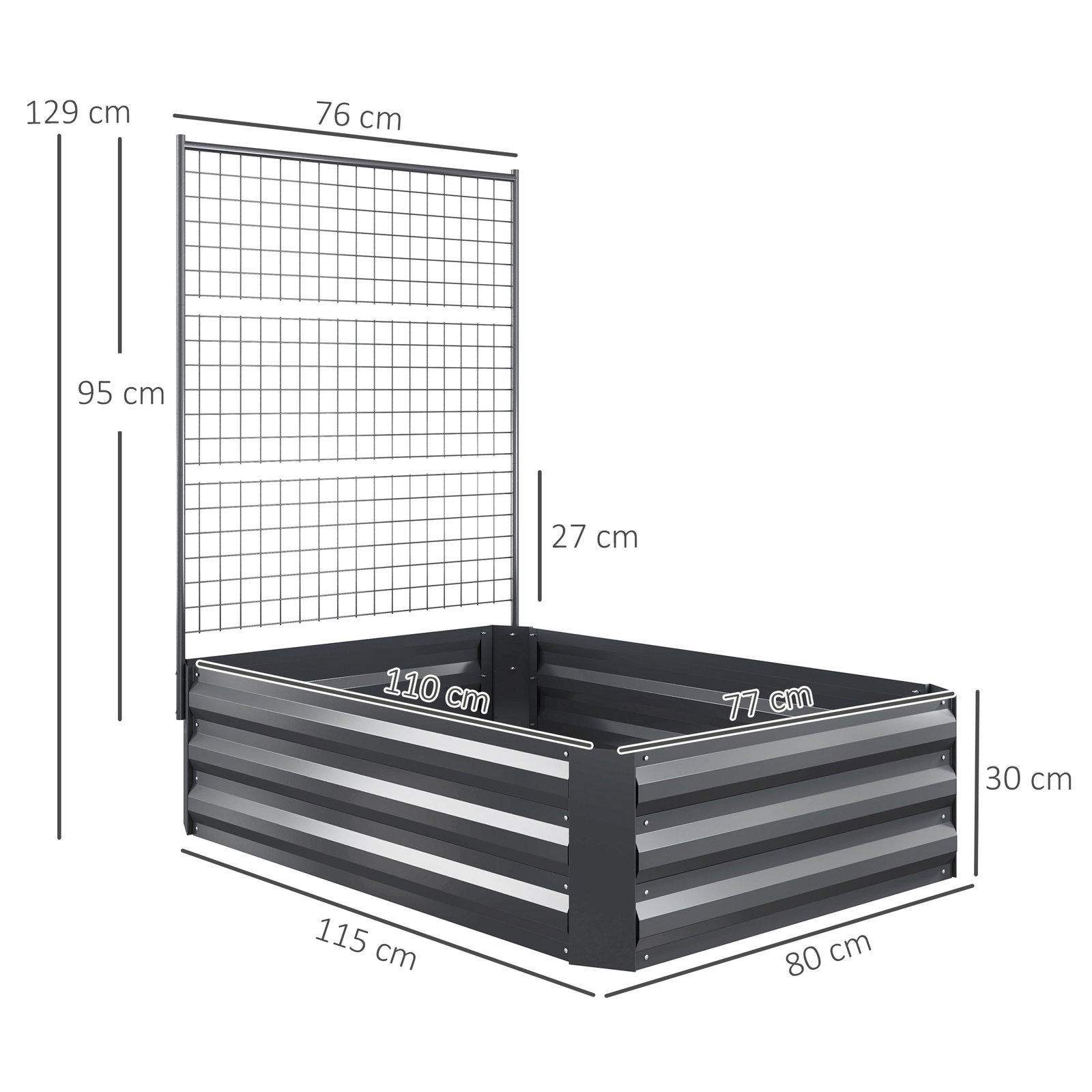 Caixa de plantio de aço galvanizado com treliça para plantas trepadeiras e fundo aberto 80x115x125 cm cinza escuro