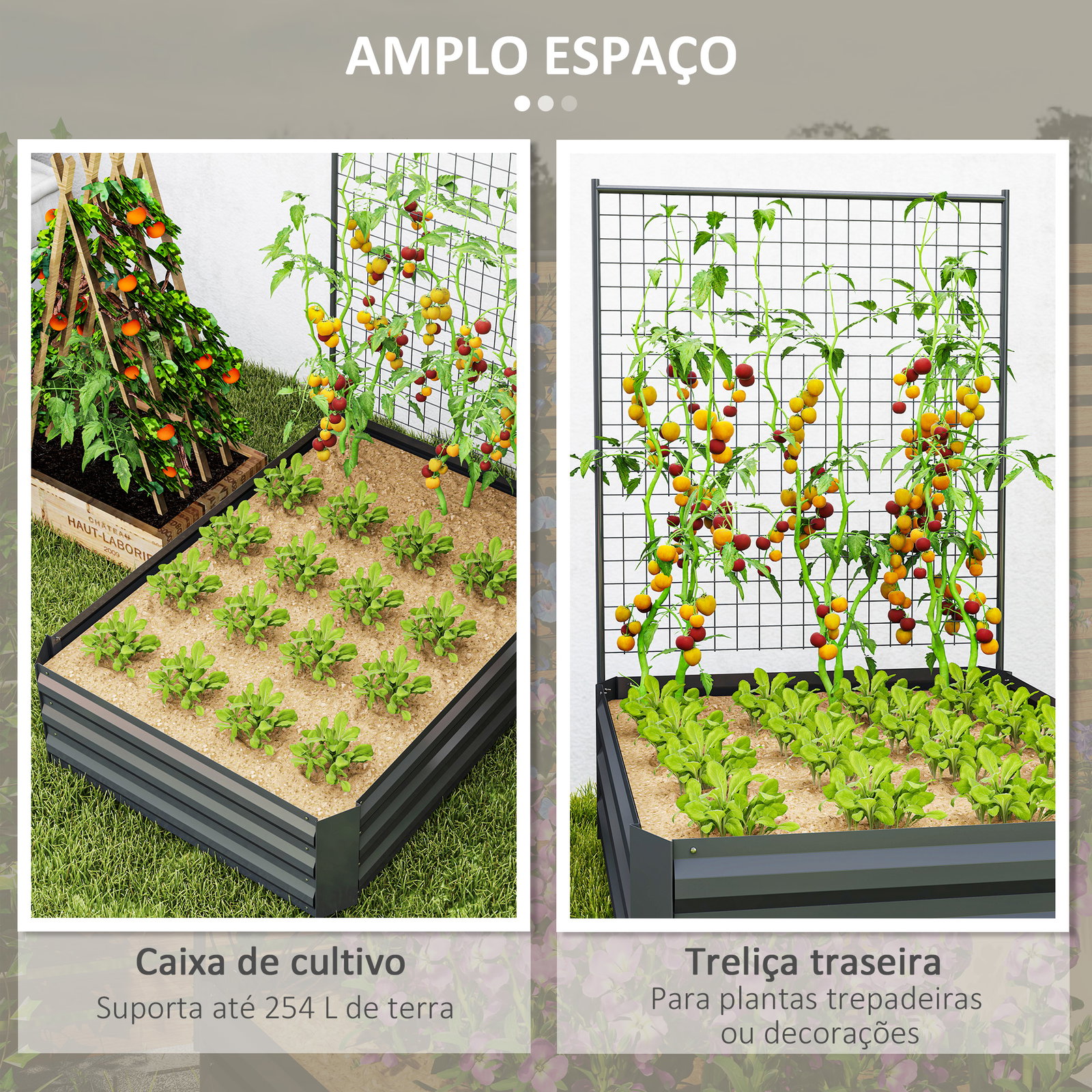 Caixa de plantio de aço galvanizado com treliça para plantas trepadeiras e fundo aberto 80x115x125 cm cinza escuro
