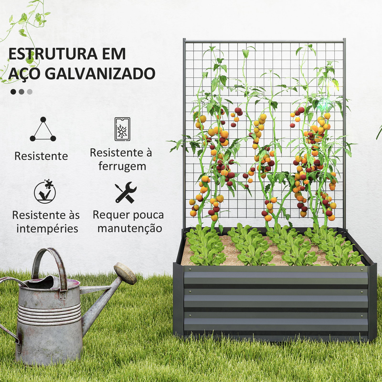 Caixa de plantio de aço galvanizado com treliça para plantas trepadeiras e fundo aberto 80x115x125 cm cinza escuro