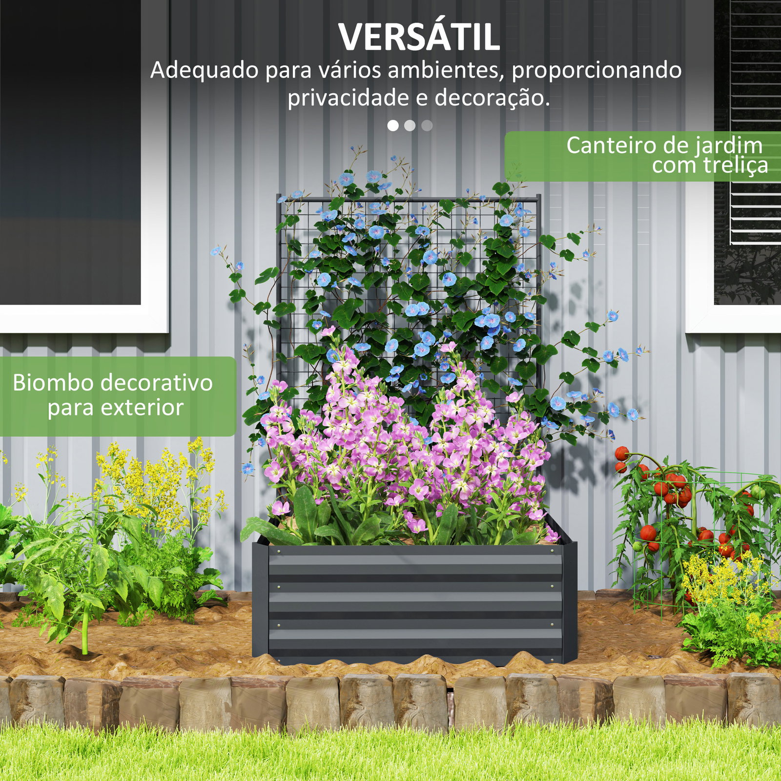 Caixa de plantio de aço galvanizado com treliça para plantas trepadeiras e fundo aberto 80x115x125 cm cinza escuro