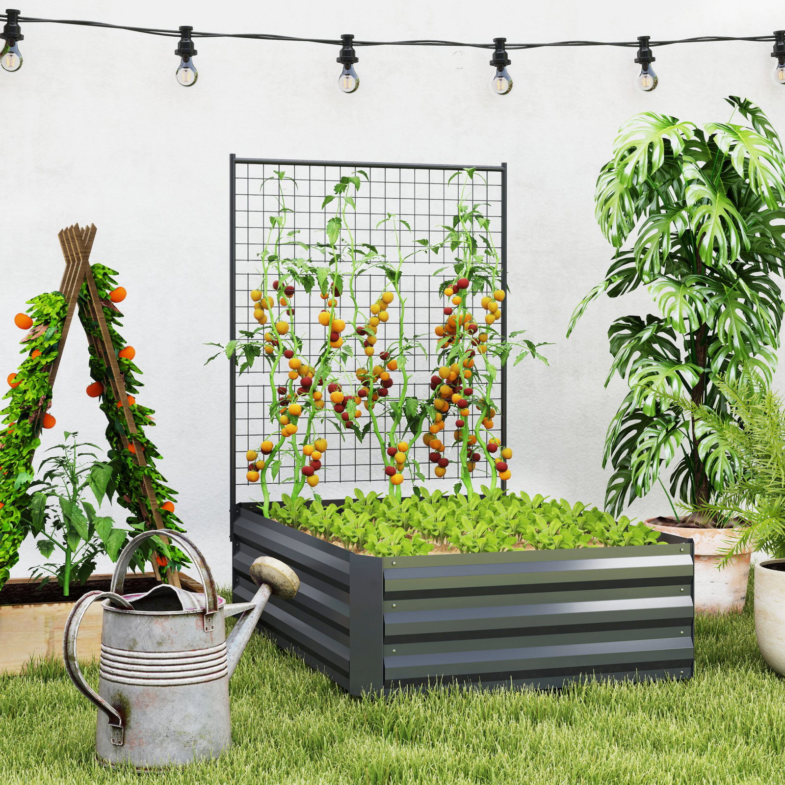 Caixa de plantio de aço galvanizado com treliça para plantas trepadeiras e fundo aberto 80x115x125 cm cinza escuro