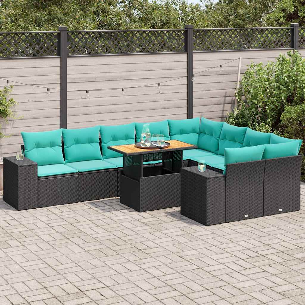 10 Pcs conjunto sofás de jardim c/ almofadões vime PE preto