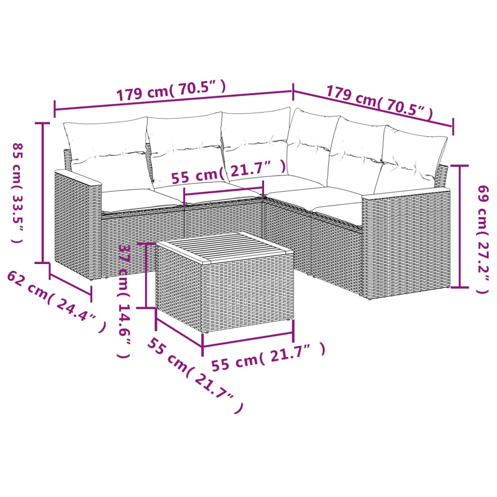 6 Pcs conjunto sofás de jardim c/ almofadões vime PE preto