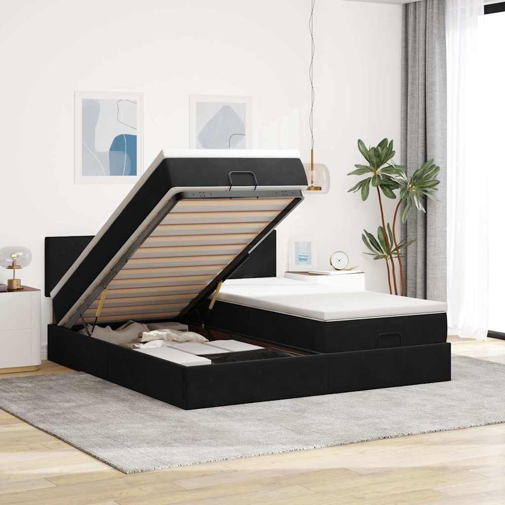 Estrutura de cama otomana com colchões 200x200cm veludo preto