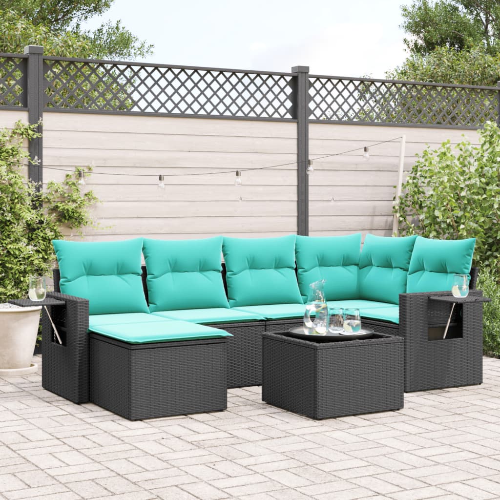 Conjunto de sofá de jardim com 7 peças e almofadas em rattan sintético preto