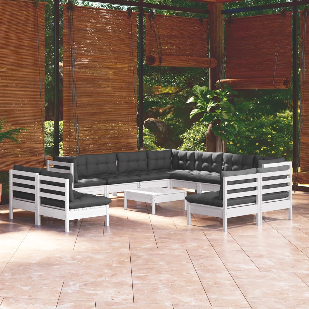 12 Pcs conj. lounge de jardim c/ almofadões pinho maciço branco