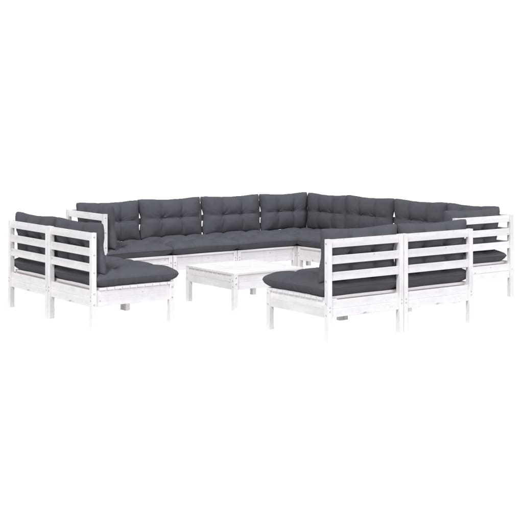 12 Pcs conj. lounge de jardim c/ almofadões pinho maciço branco