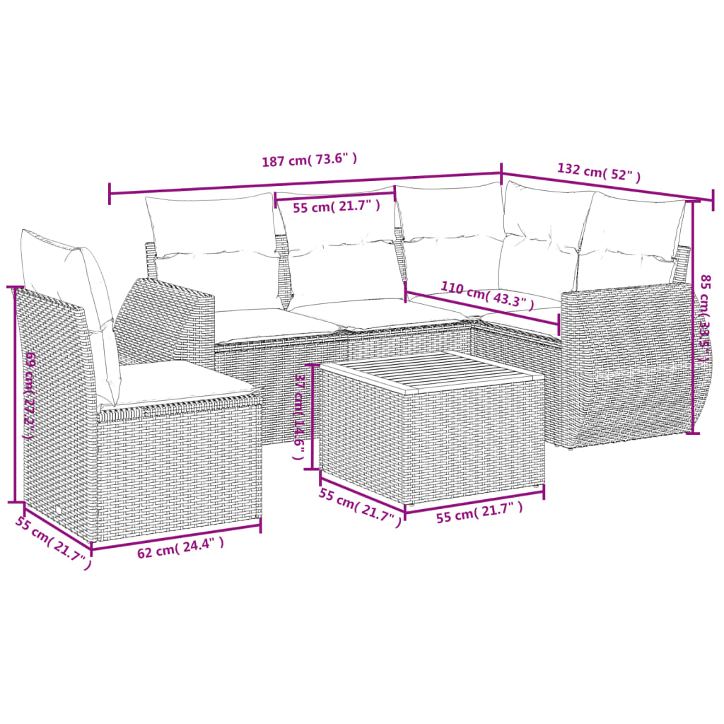 6 Pcs conjunto sofás de jardim c/ almofadões vime PE preto