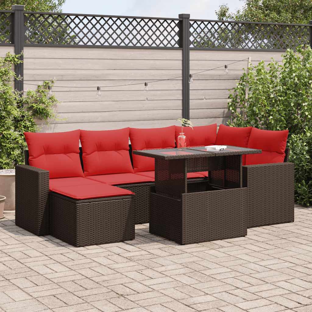 7 Pcs conj. sofás jardim c/ almofadões vime PE/acácia castanho
