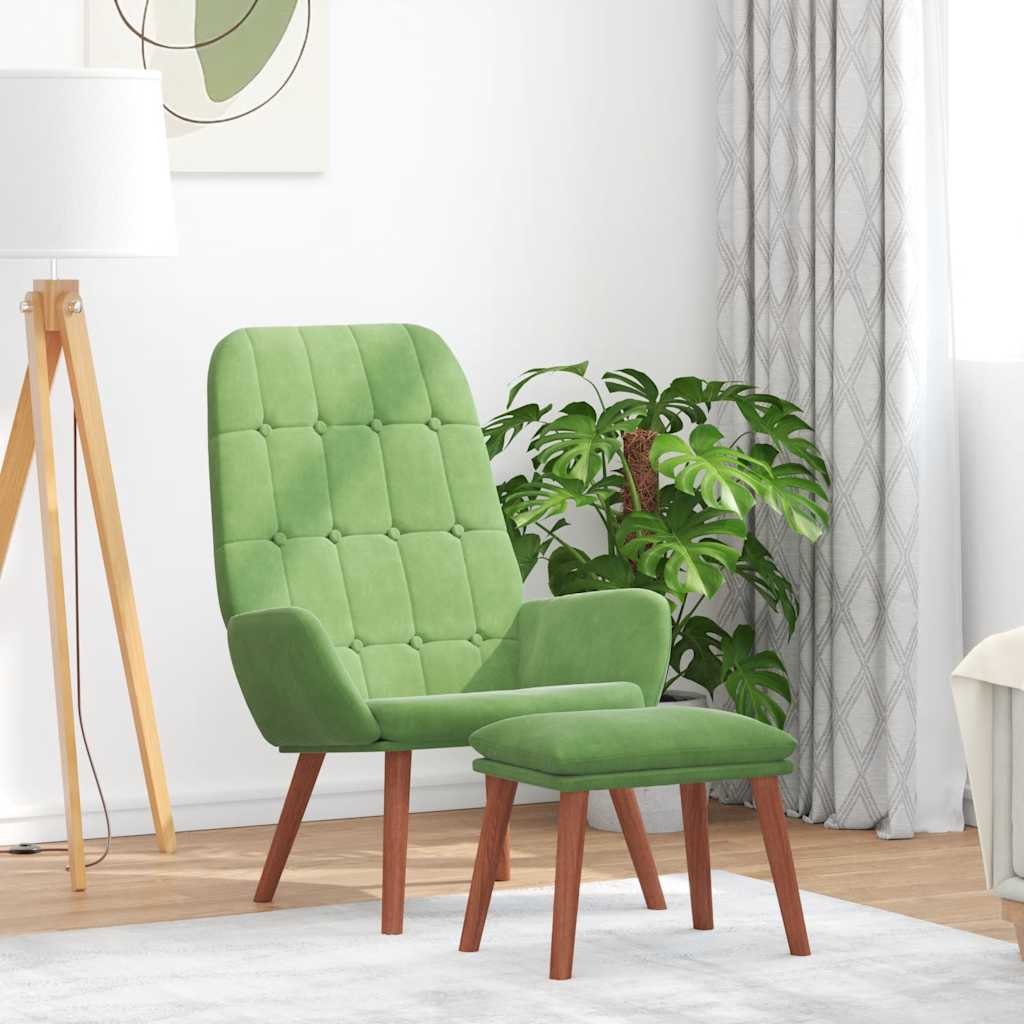 Cadeira de descanso com banco p/ pés veludo verde-claro