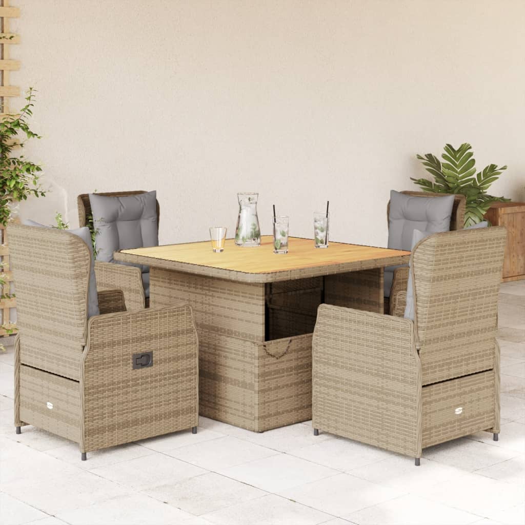 5 Pcs conjunto de jantar p/ jardim com almofadões vime PE bege