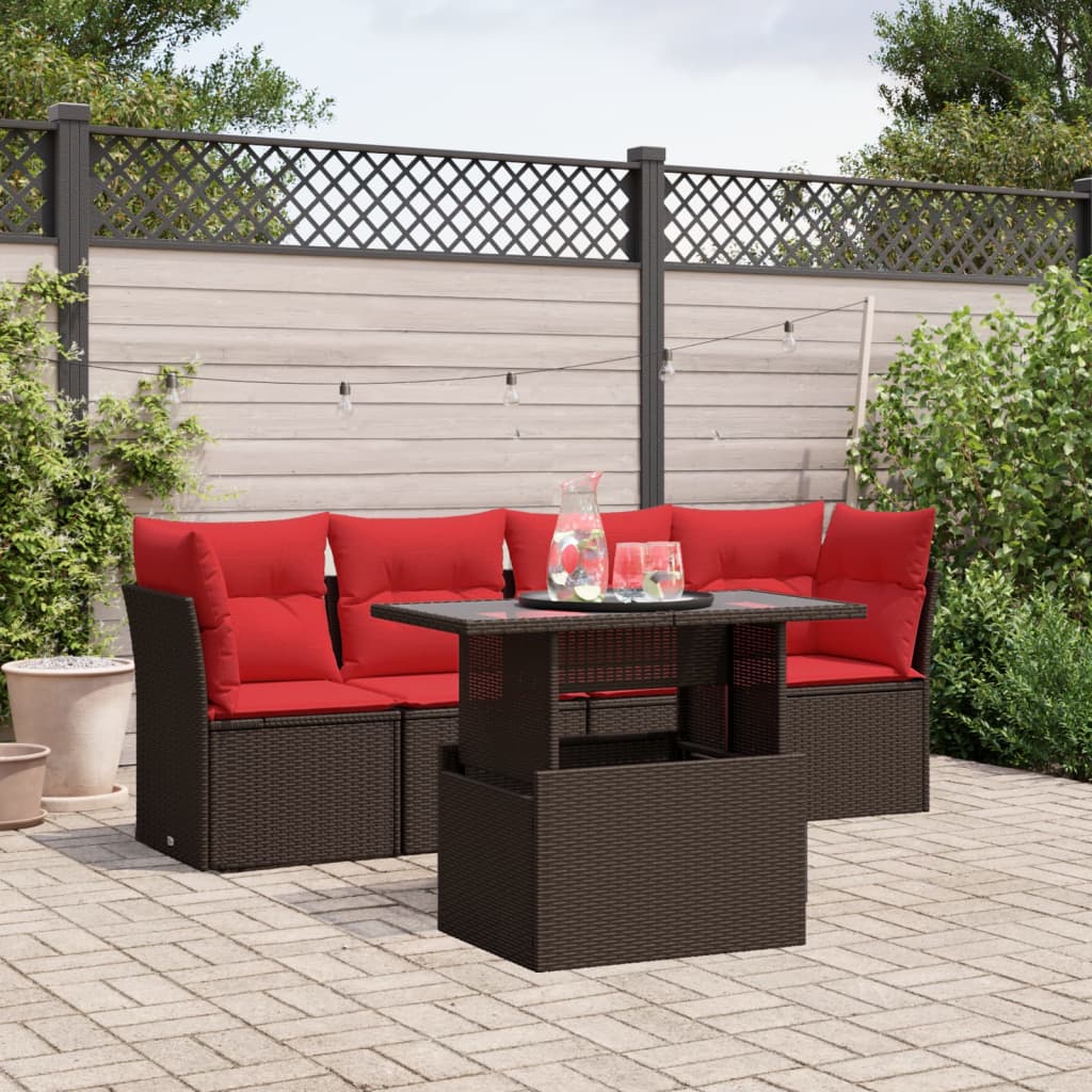 Conjunto de sofá de jardim de 5 peças com almofadas em rattan sintético marrom