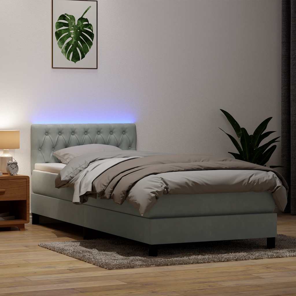 Cama box spring c/ colchão e LED cinzento-claro 80x220 cm veludo