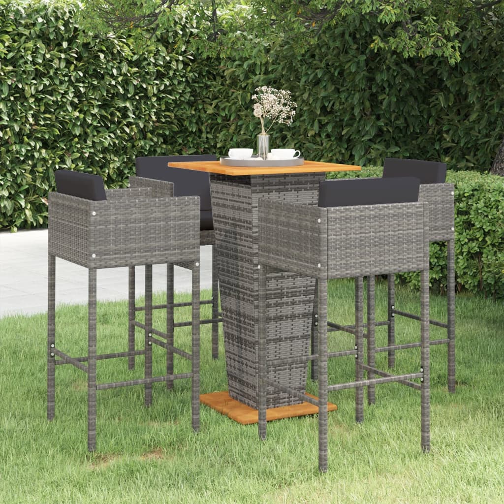5 Pcs conjunto de bar p/ jardim c/ almofadões vime PE cinzento